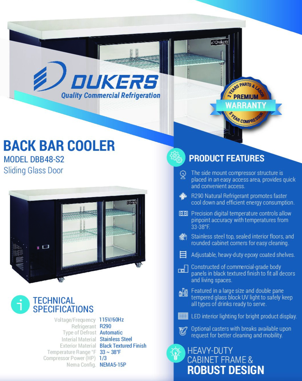 DBB48-S2 Refrigerador para Bar y Bebidas de 2 Puertas (Puertas Corredizas)