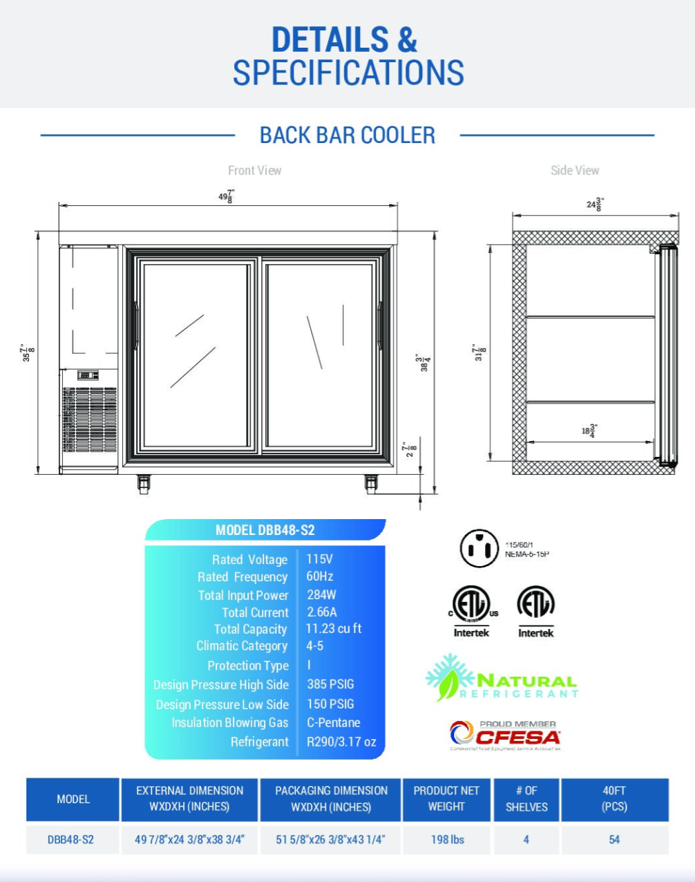 DBB48-S2 Refrigerador para Bar y Bebidas de 2 Puertas (Puertas Corredizas)